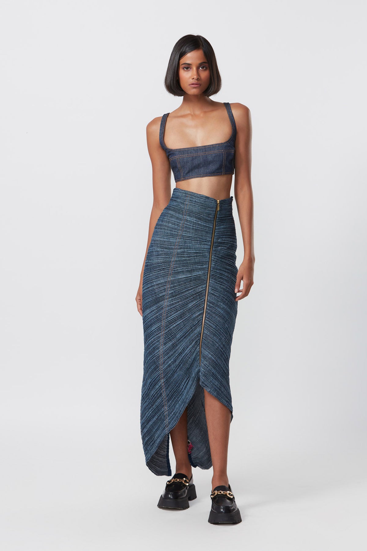 Square Cut Denim Bustier With Skirt