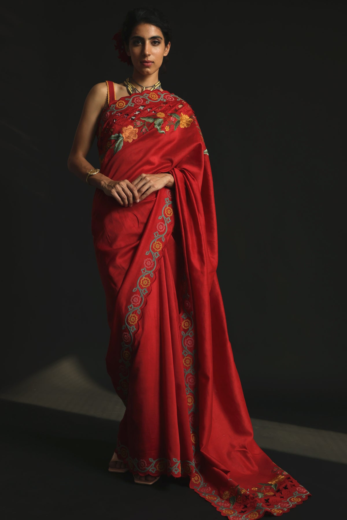 Red chanderi cutwork and threadwork saree