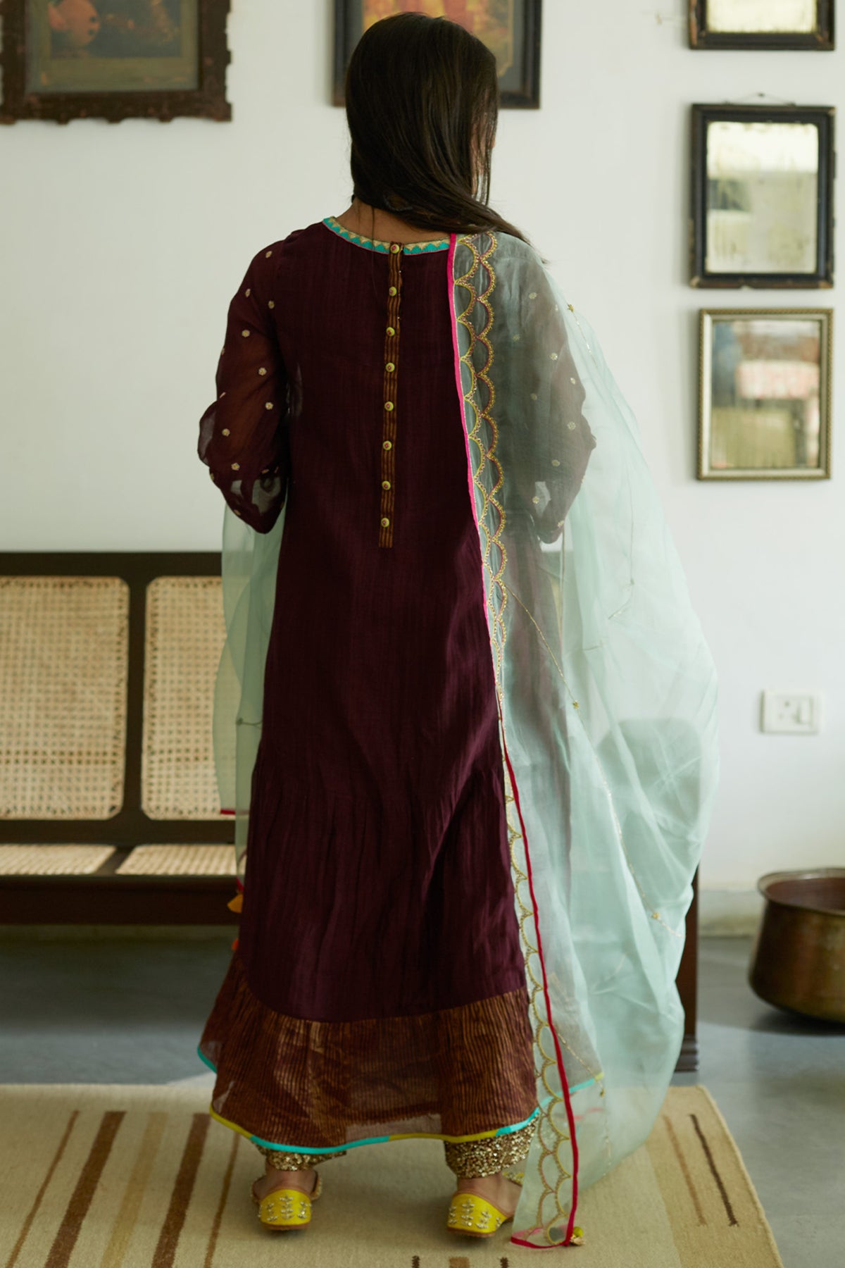 Firdaus Wine Tiered Kurtas