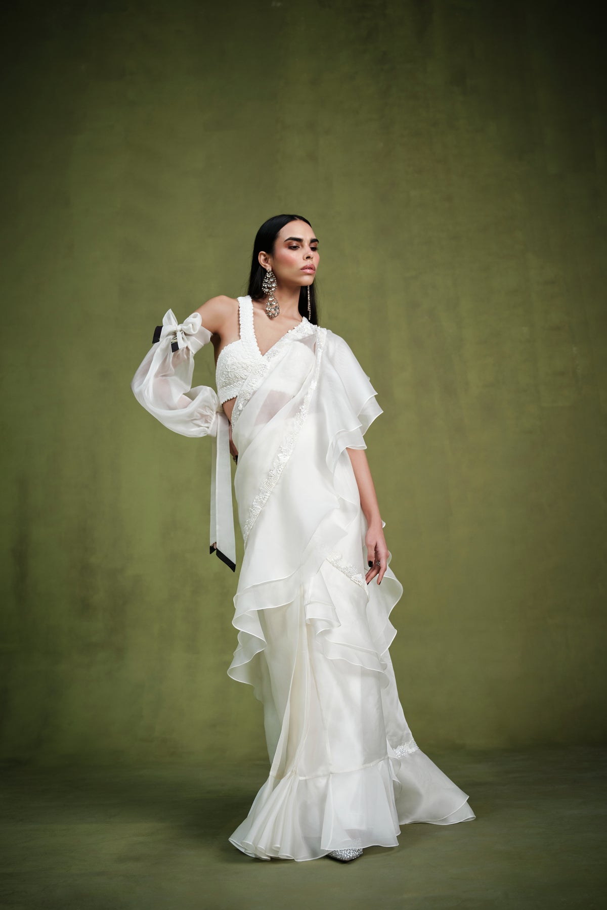 The Ivory Embellished Ruffle Saree And Bustier
