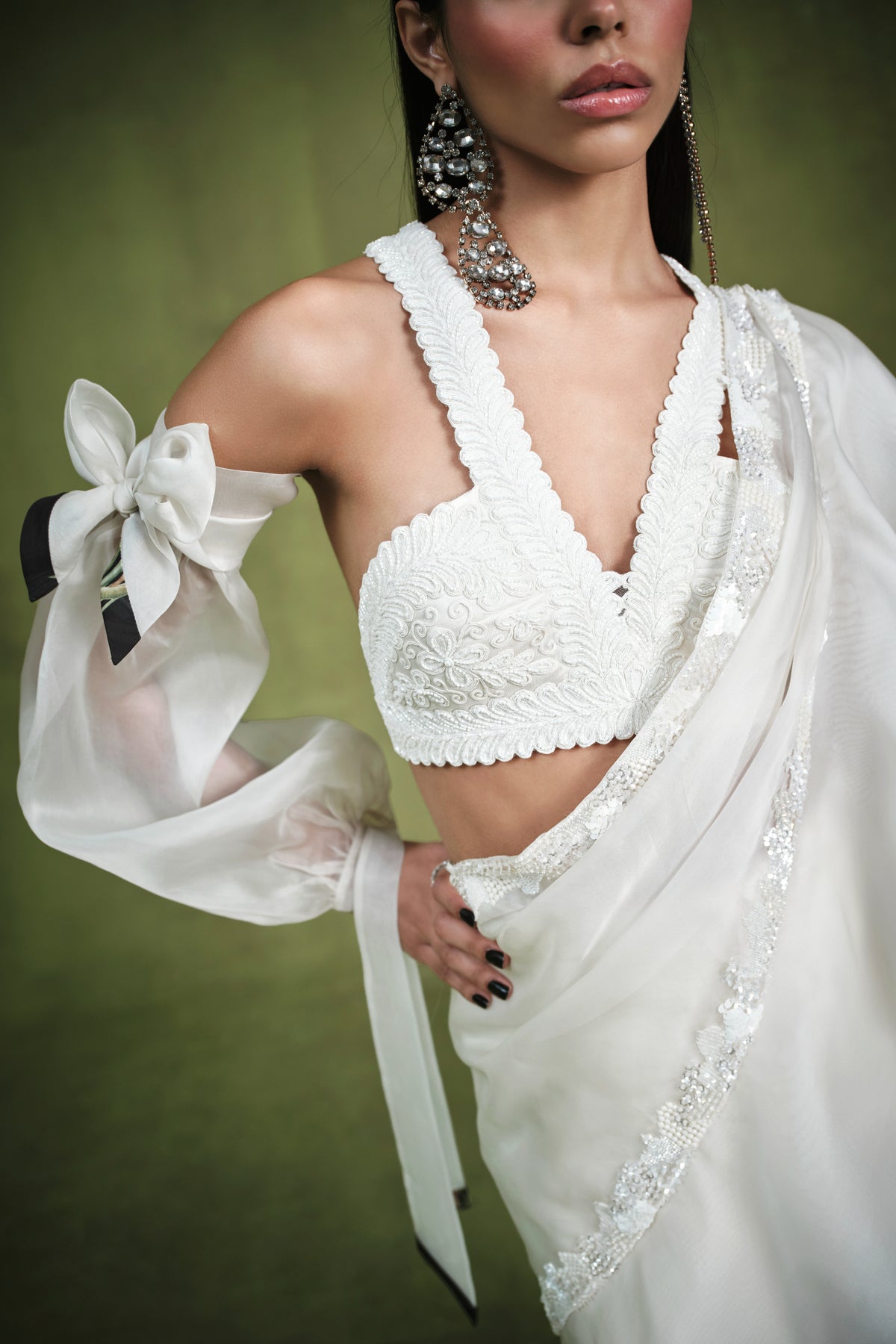 The Ivory Embellished Ruffle Saree And Bustier
