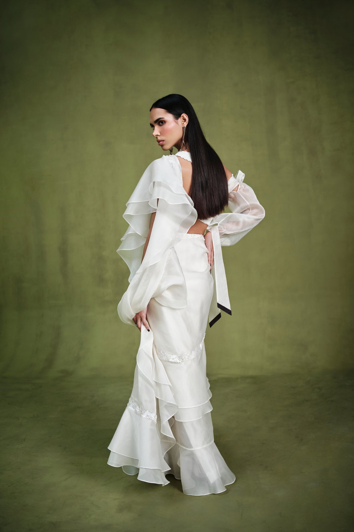 The Ivory Embellished Ruffle Saree And Bustier