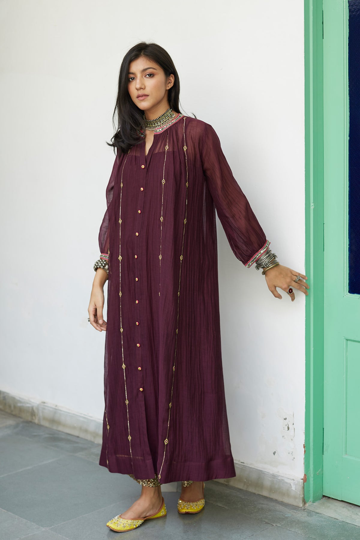 Firdaus Wine Collar Puckering Kurtas