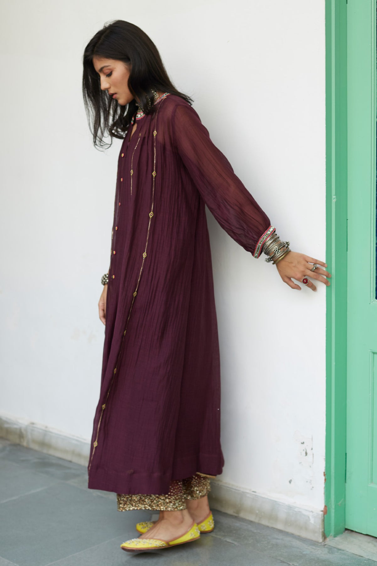 Firdaus Wine Collar Puckering Kurtas