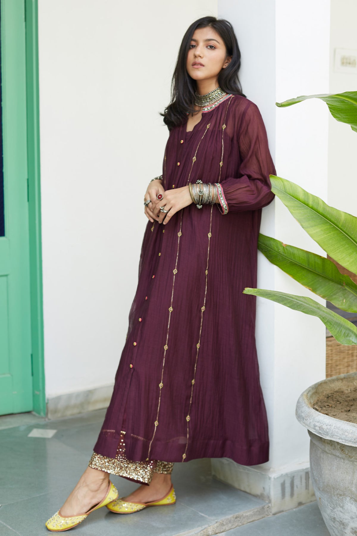 Firdaus Wine Collar Puckering Kurtas