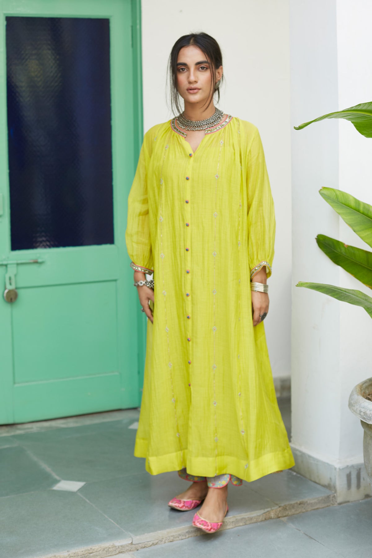 Firdaus Bright Yellow Collar Puckering Kurtas