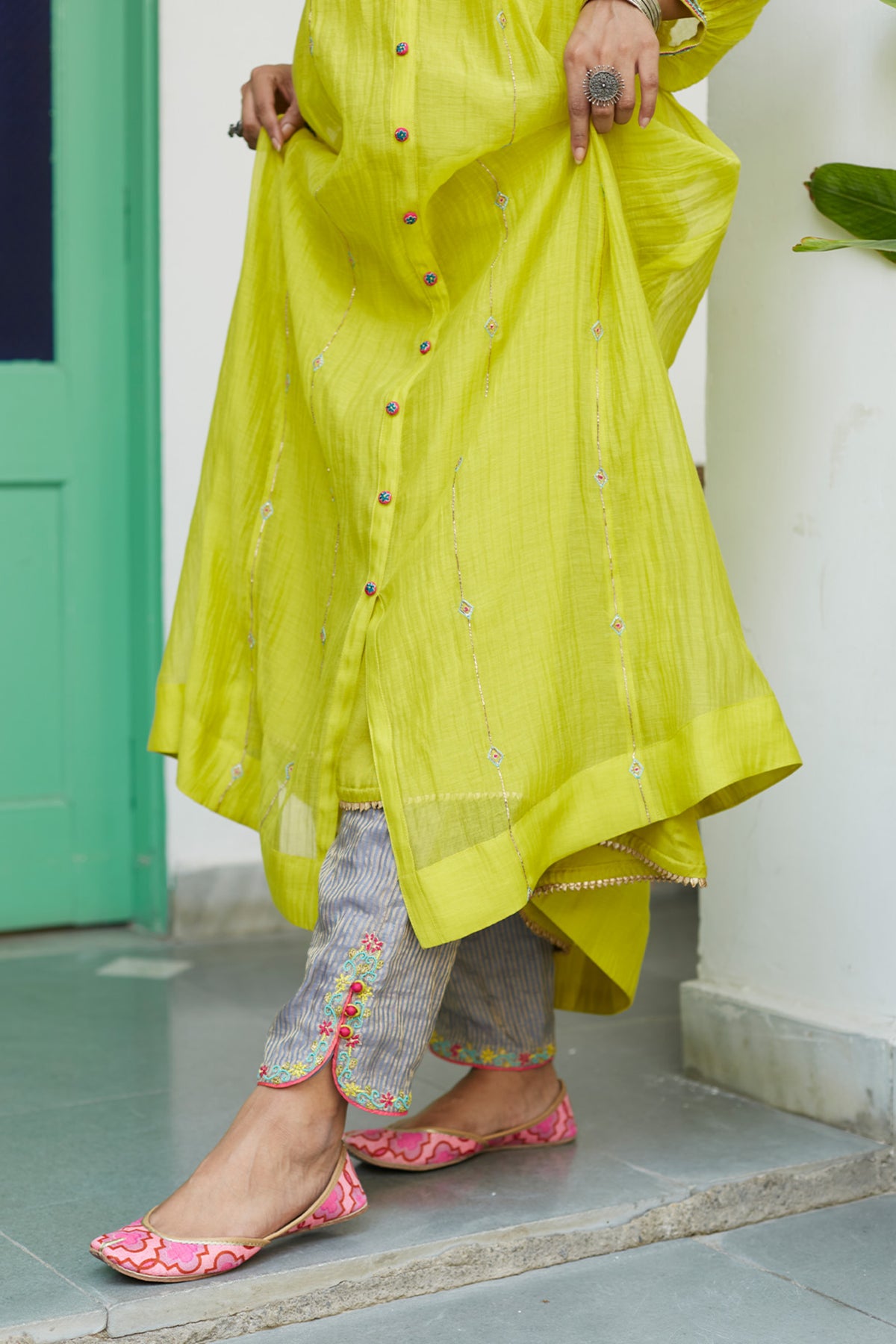 Firdaus Bright Yellow Collar Puckering Kurtas