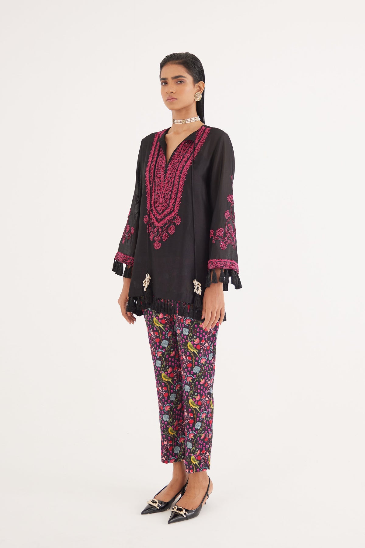 Black Silk Chanderi Embroidered Kurta