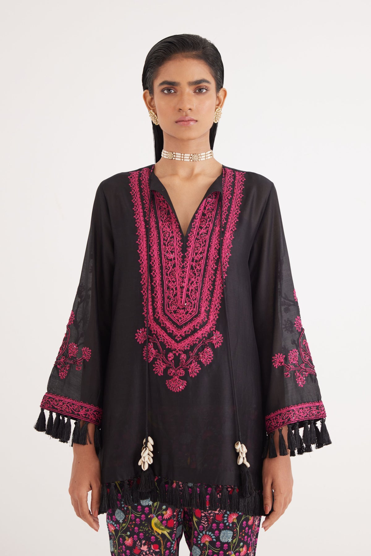 Black Silk Chanderi Embroidered Kurta