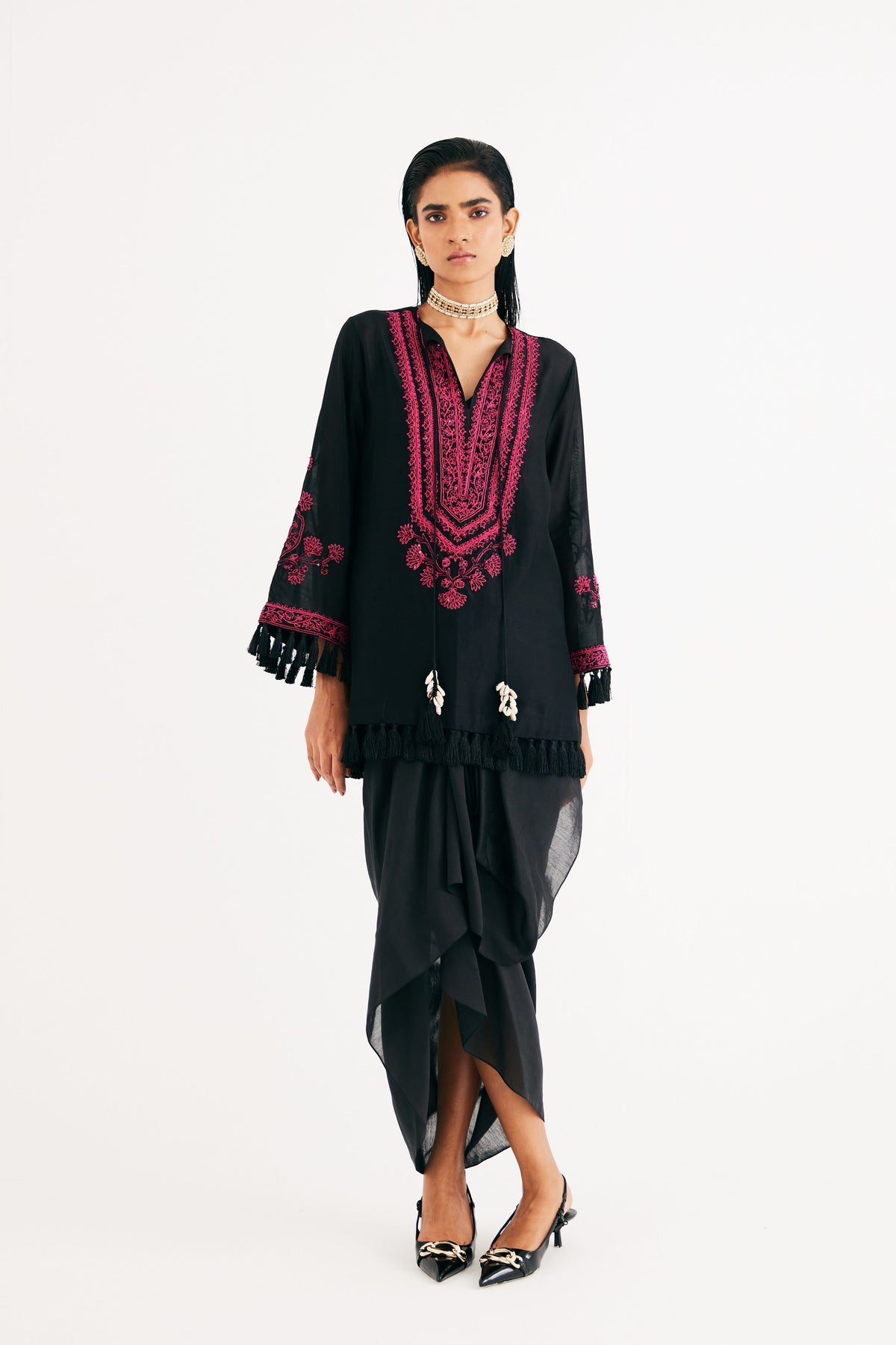 Black Silk Chanderi Drape Skirt
