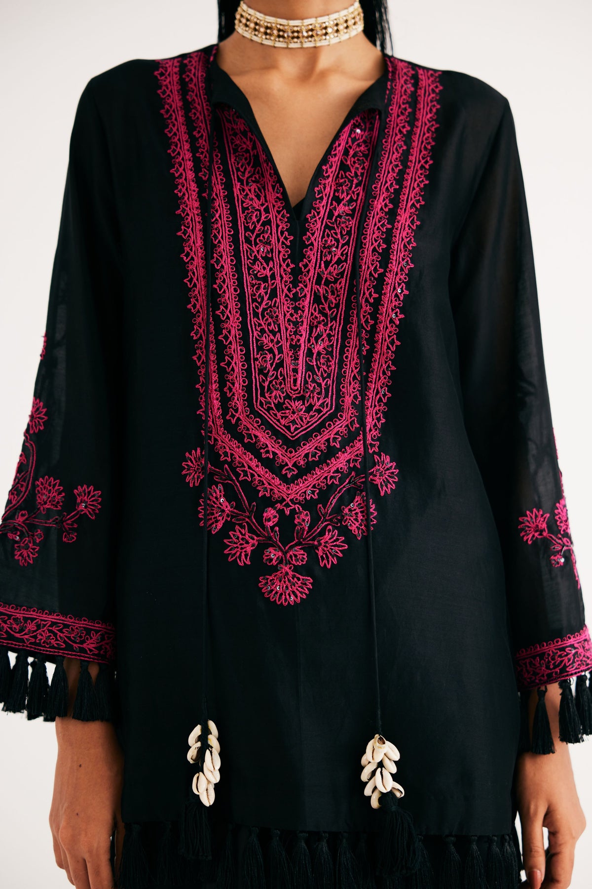 Black Silk Chanderi Embroidered Kurta