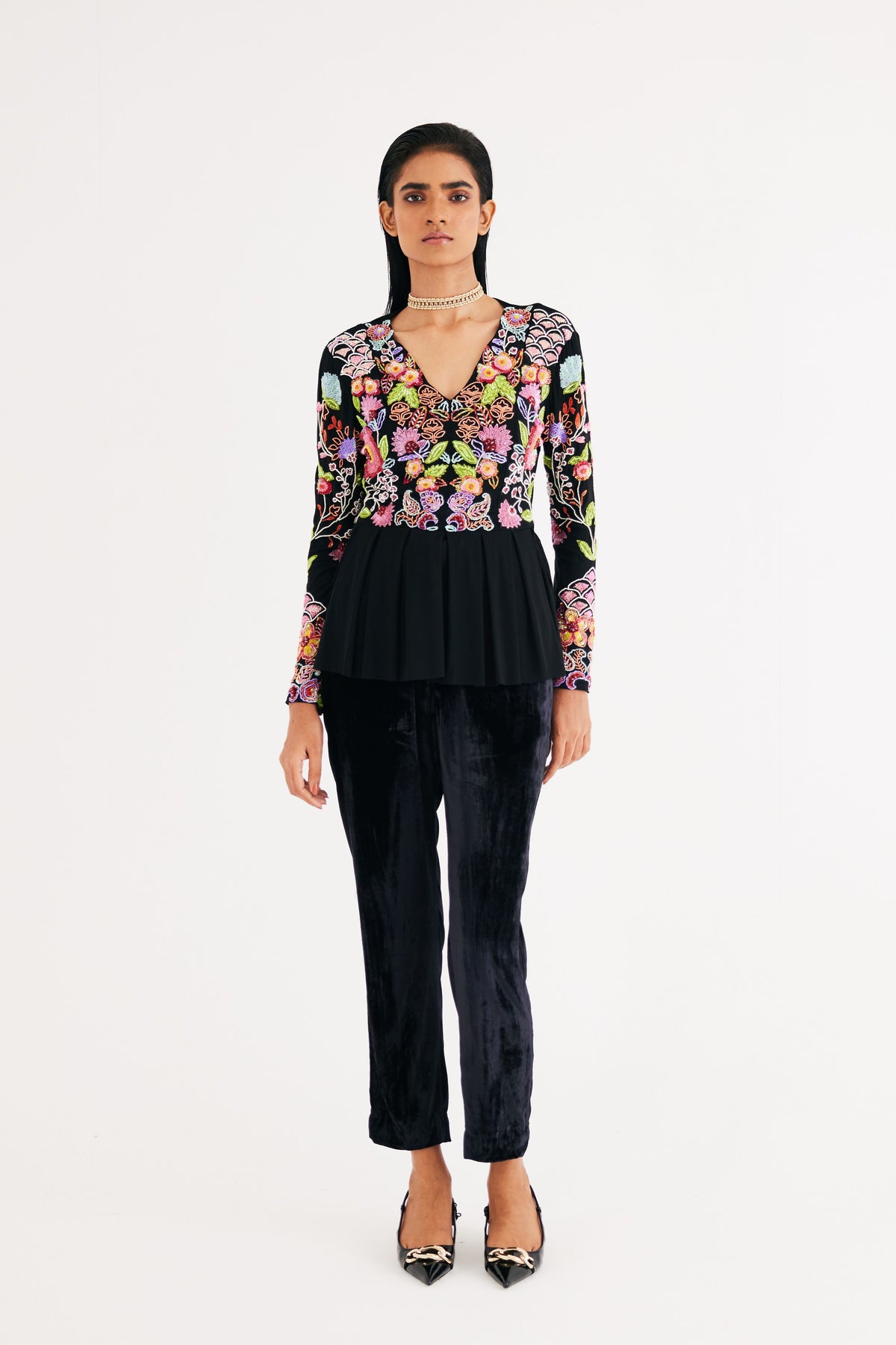 Black Hand Embroidered Floral Net Top