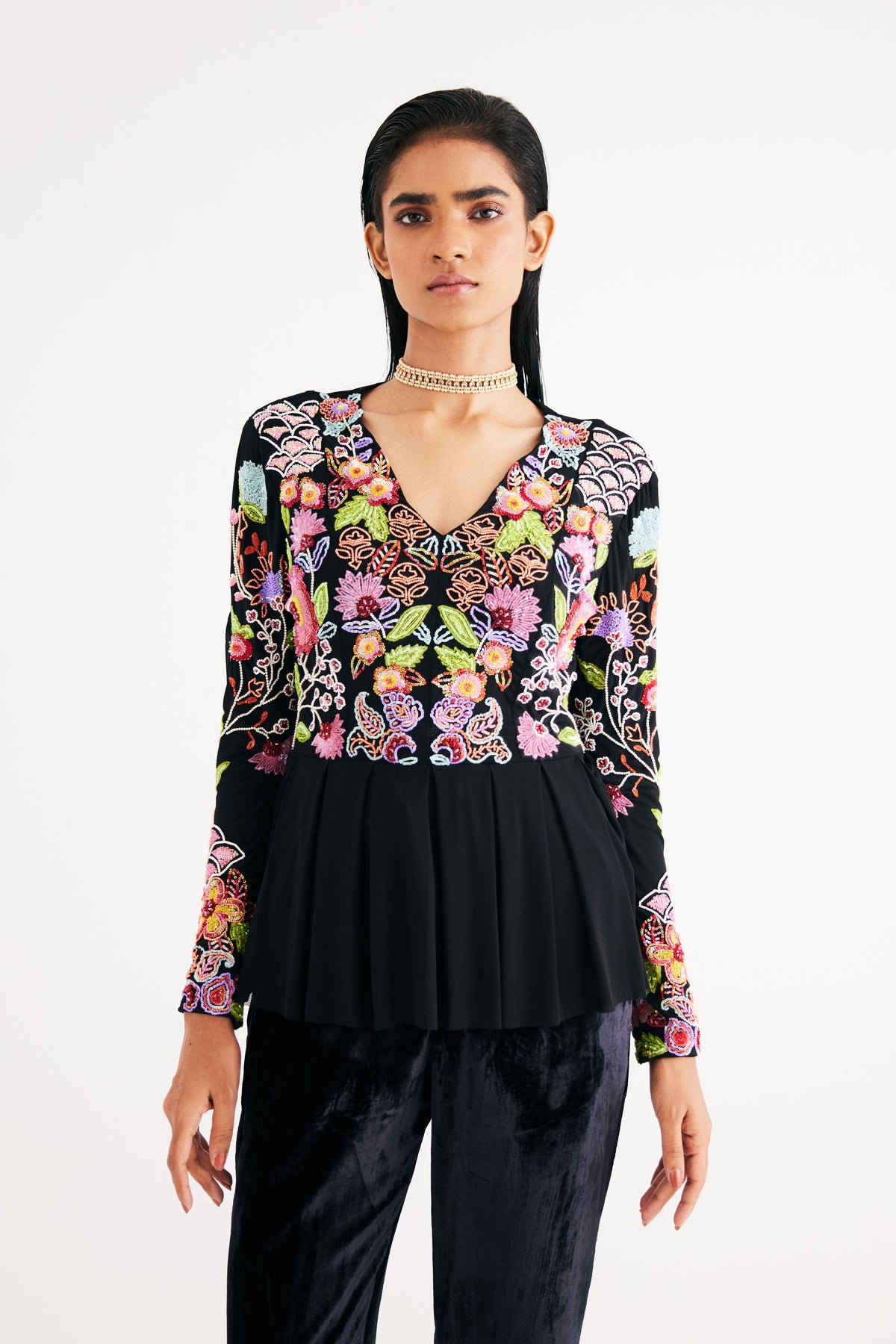 Black Hand Embroidered Floral Net Top