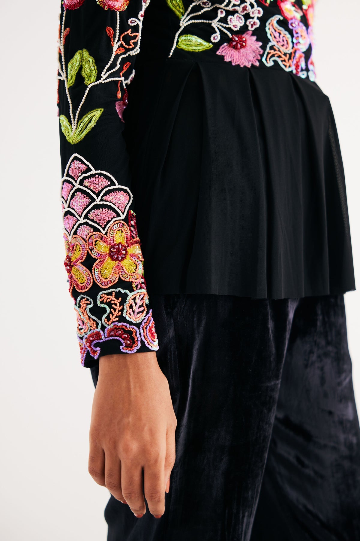 Black Hand Embroidered Floral Net Top