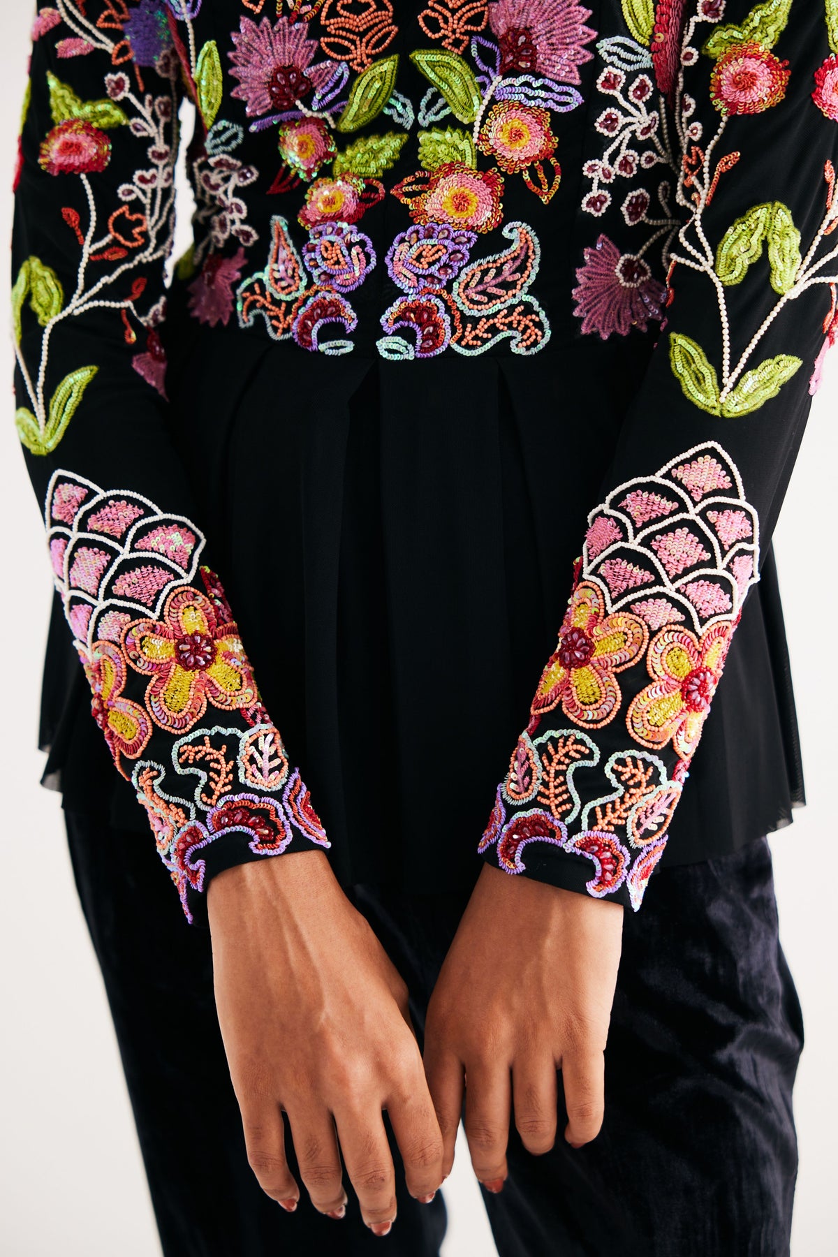 Black Hand Embroidered Floral Net Top