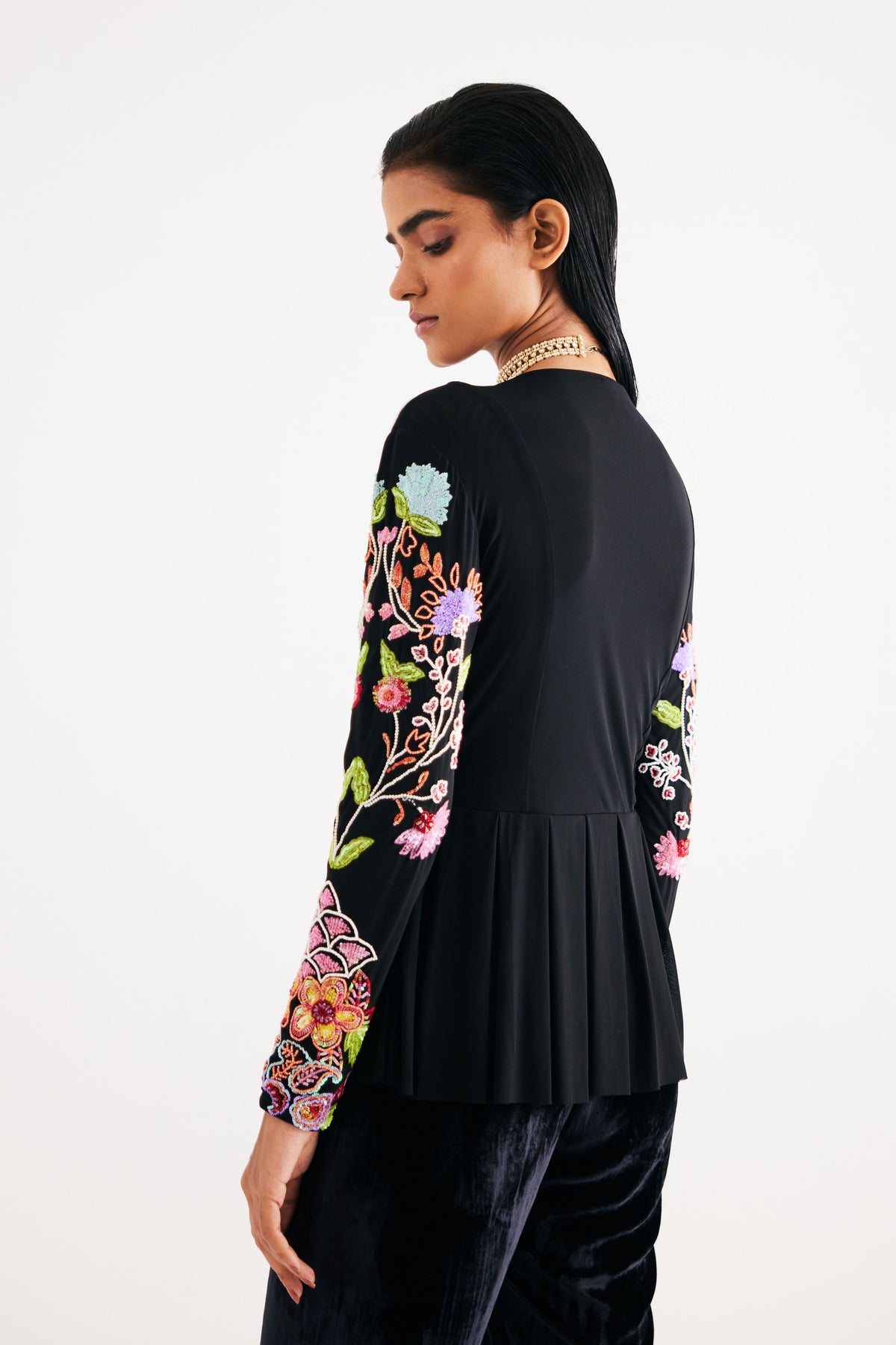 Black Hand Embroidered Floral Net Top