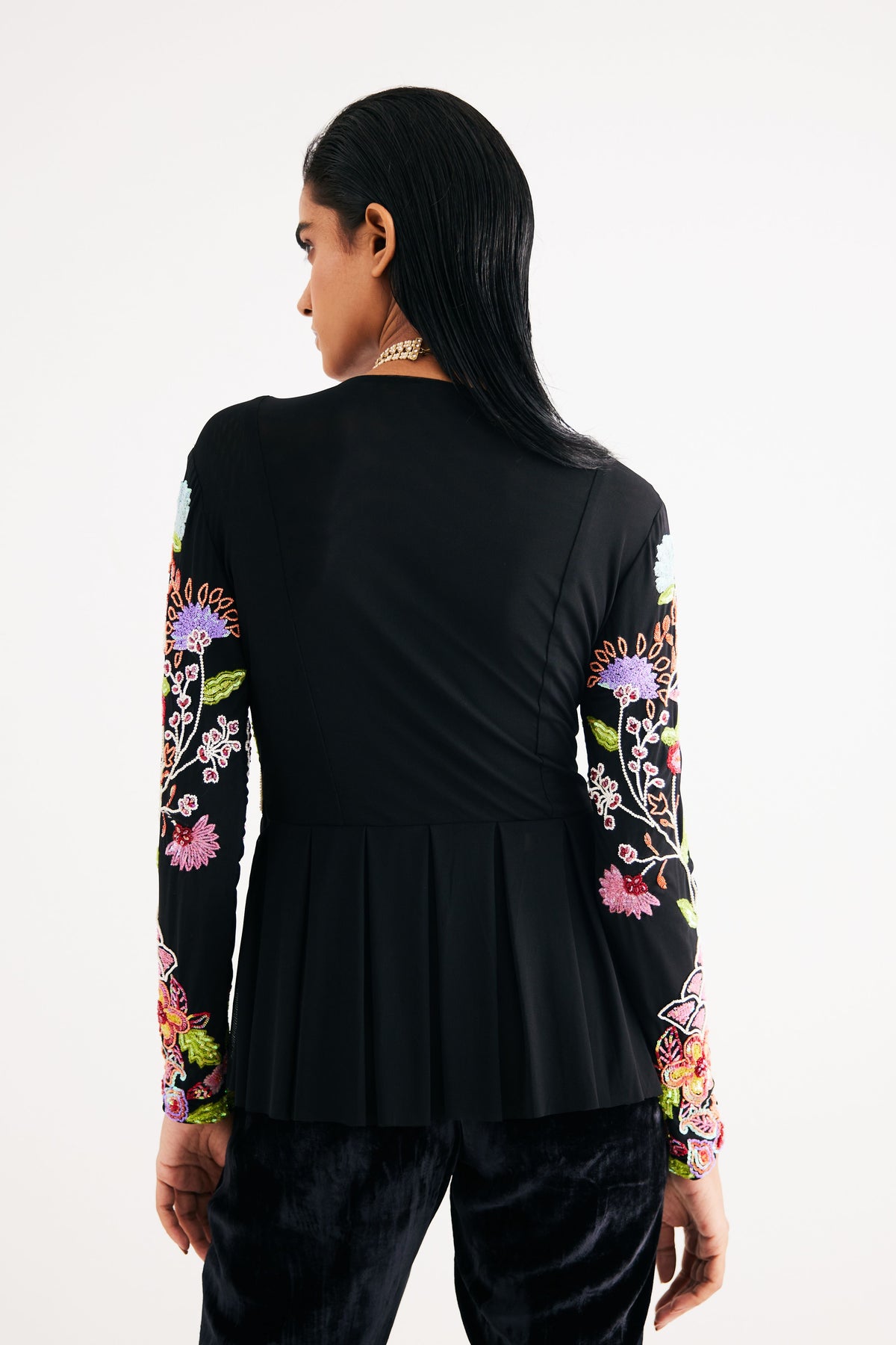 Black Hand Embroidered Floral Net Top