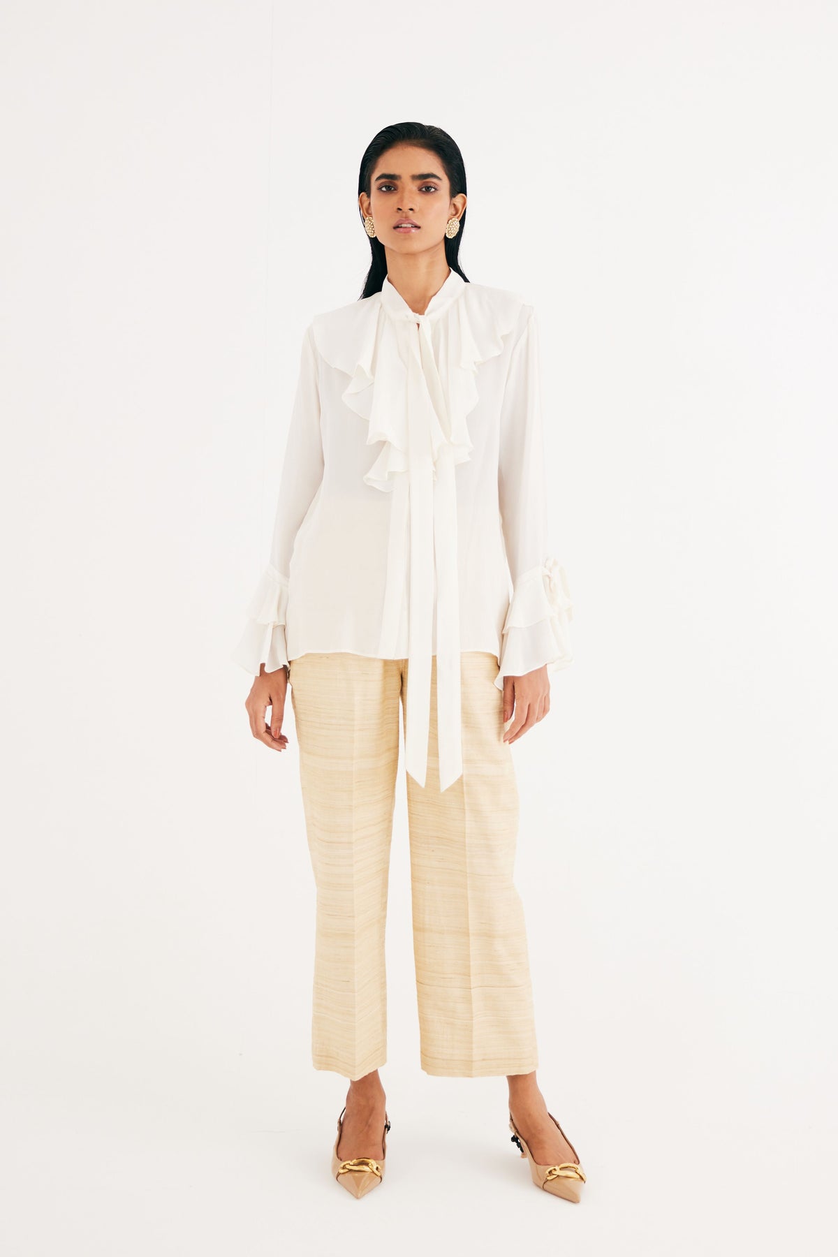 Cream Satin Silk Ruffle Shirt