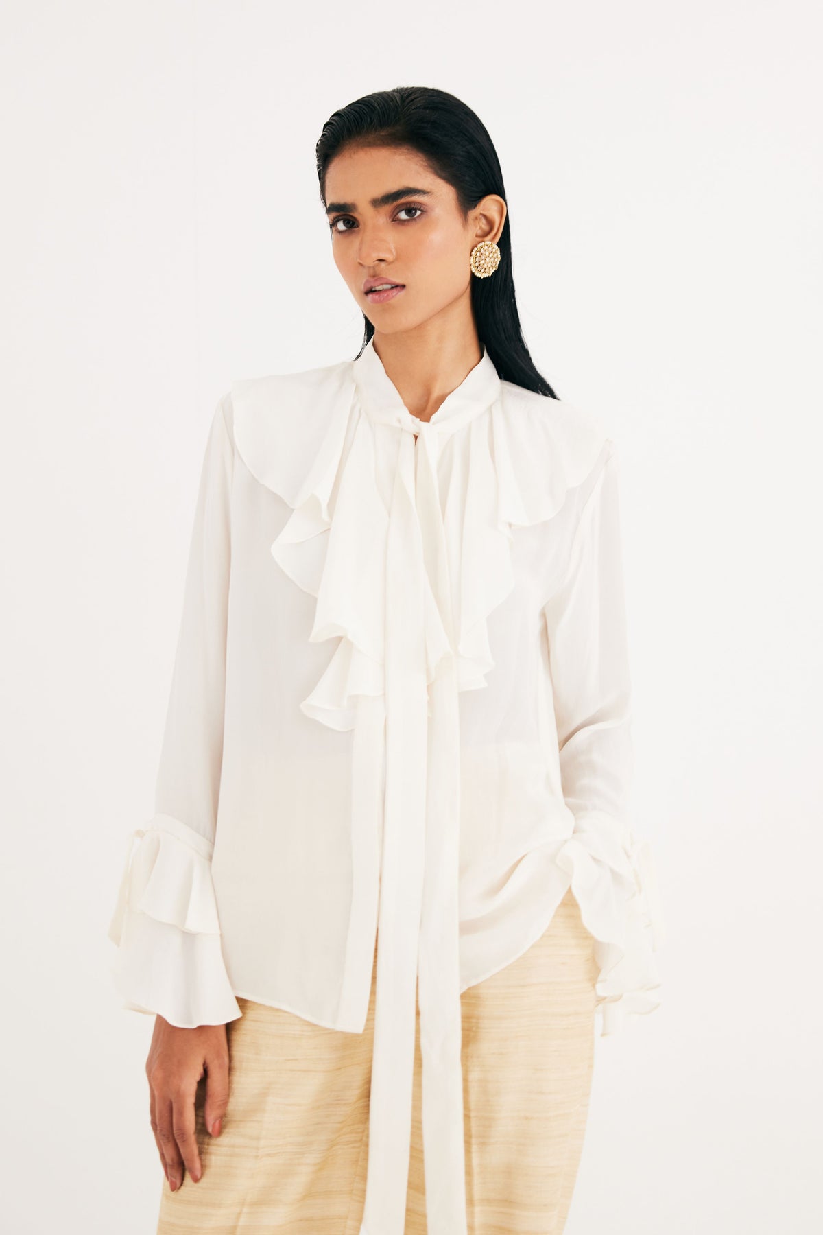 Cream Satin Silk Ruffle Shirt