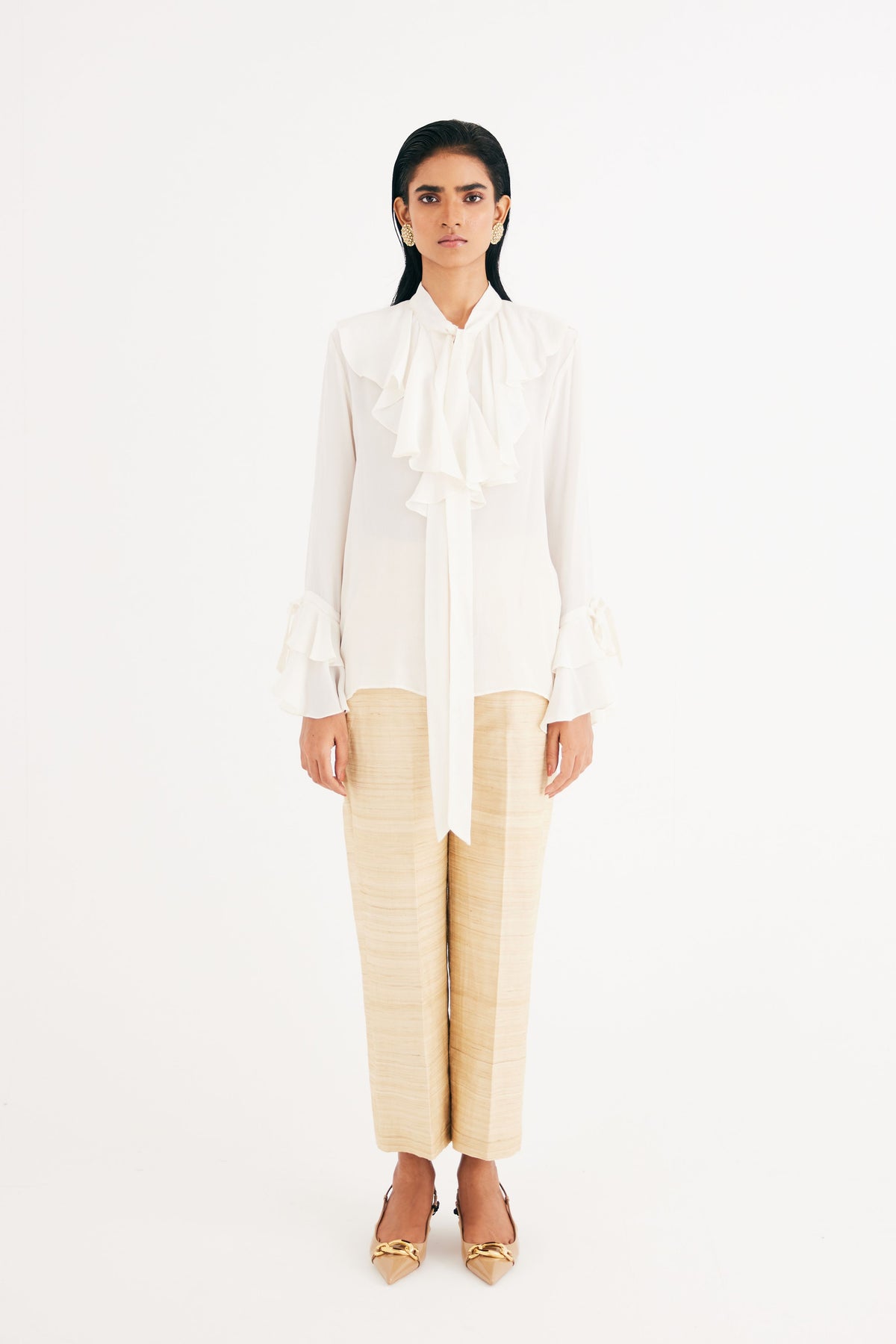 Cream Satin Silk Ruffle Shirt