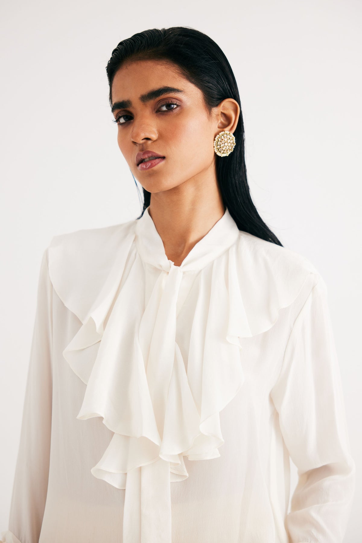 Cream Satin Silk Ruffle Shirt