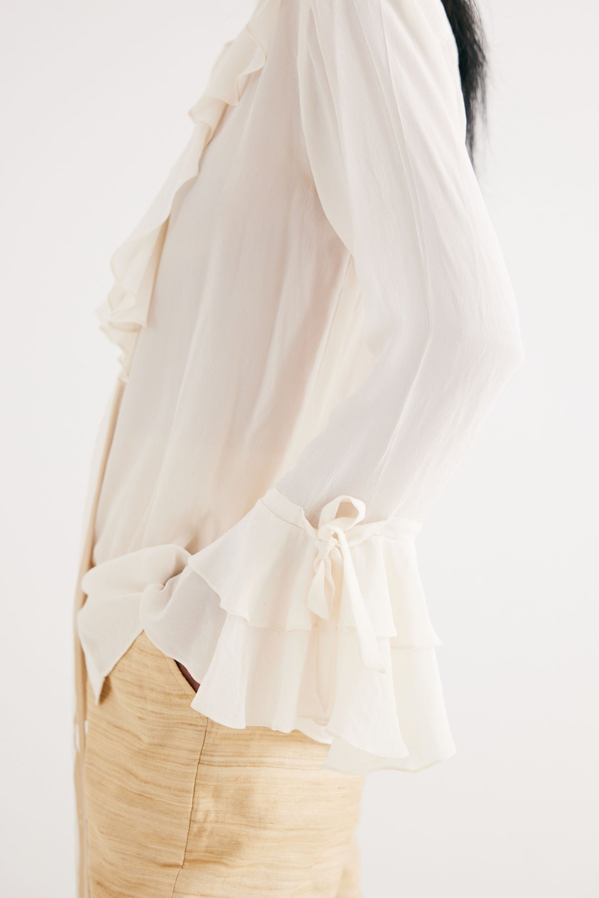 Cream Satin Silk Ruffle Shirt