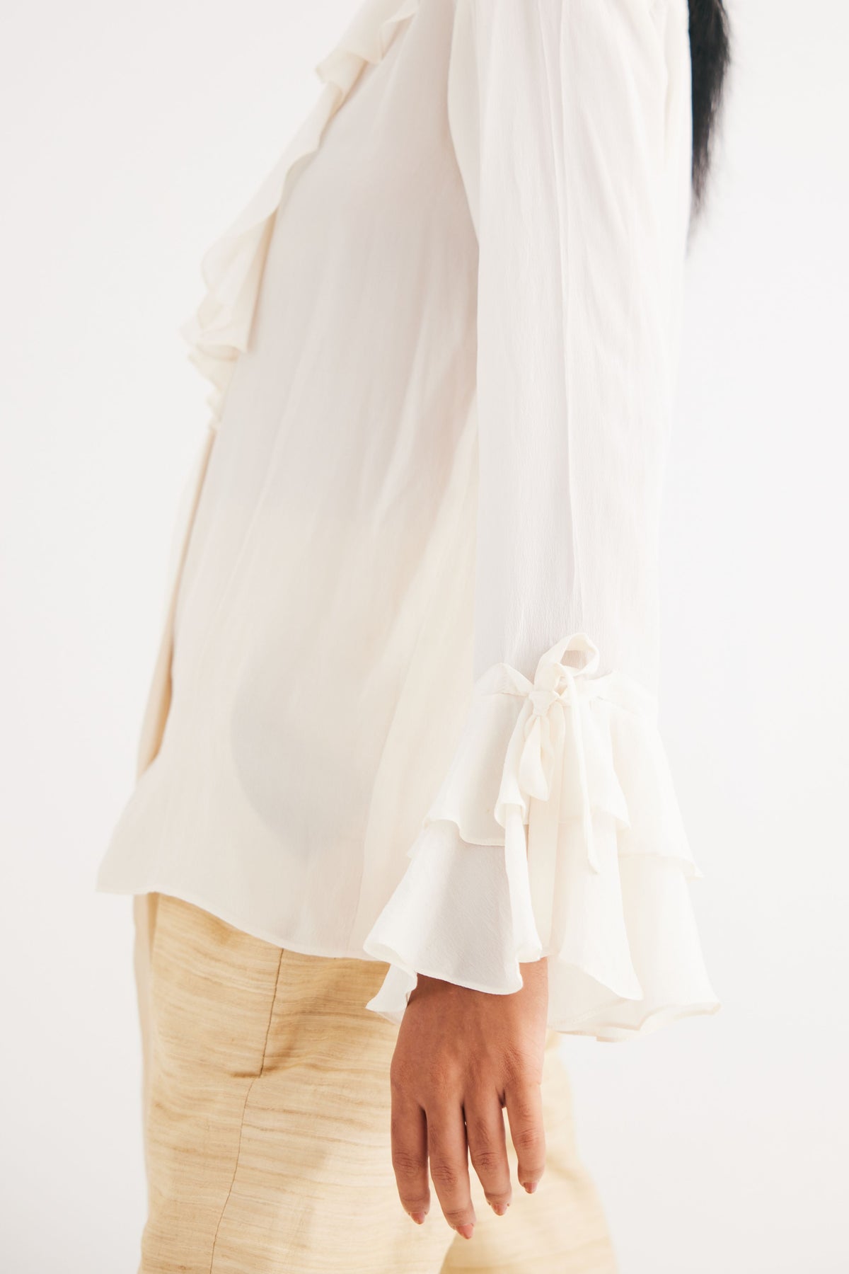 Cream Satin Silk Ruffle Shirt