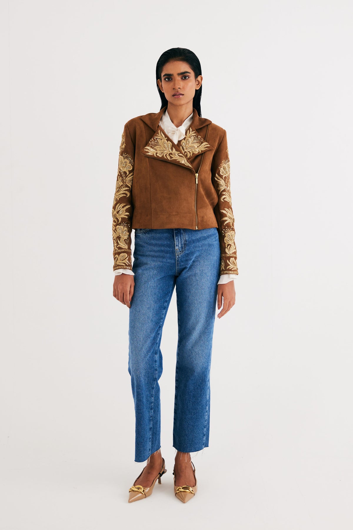 Brown Suede Embroidered Biker Jacket