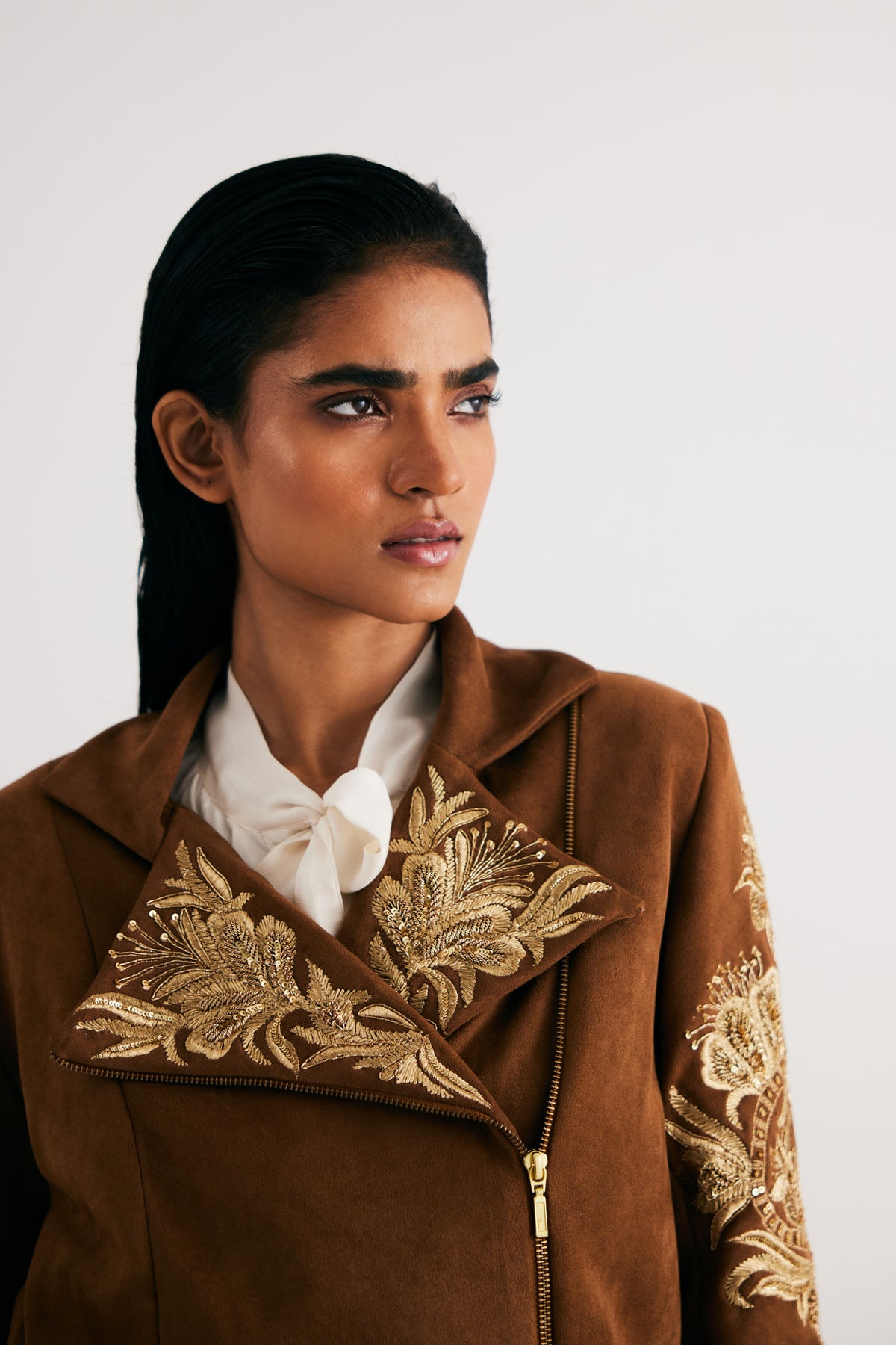 Brown Suede Embroidered Biker Jacket