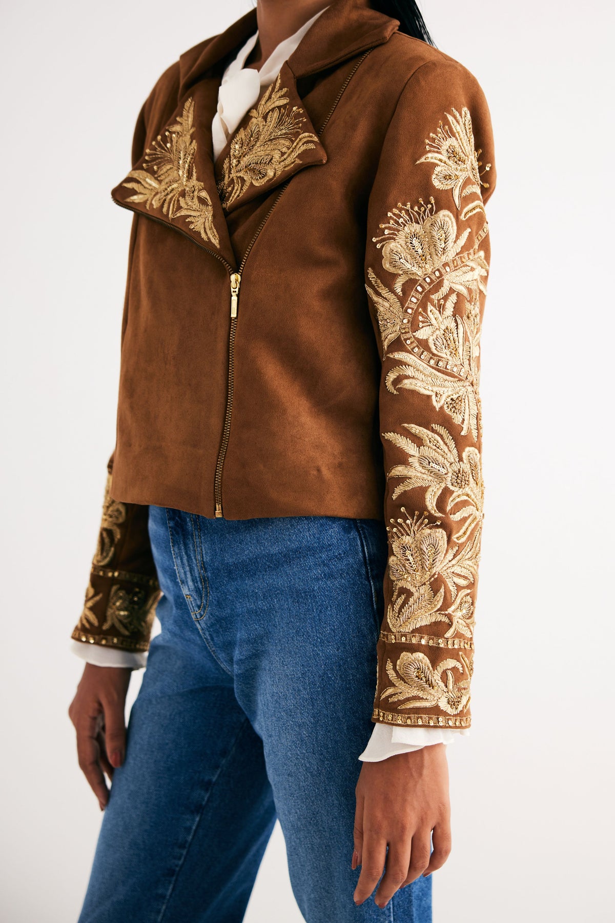 Brown Suede Embroidered Biker Jacket