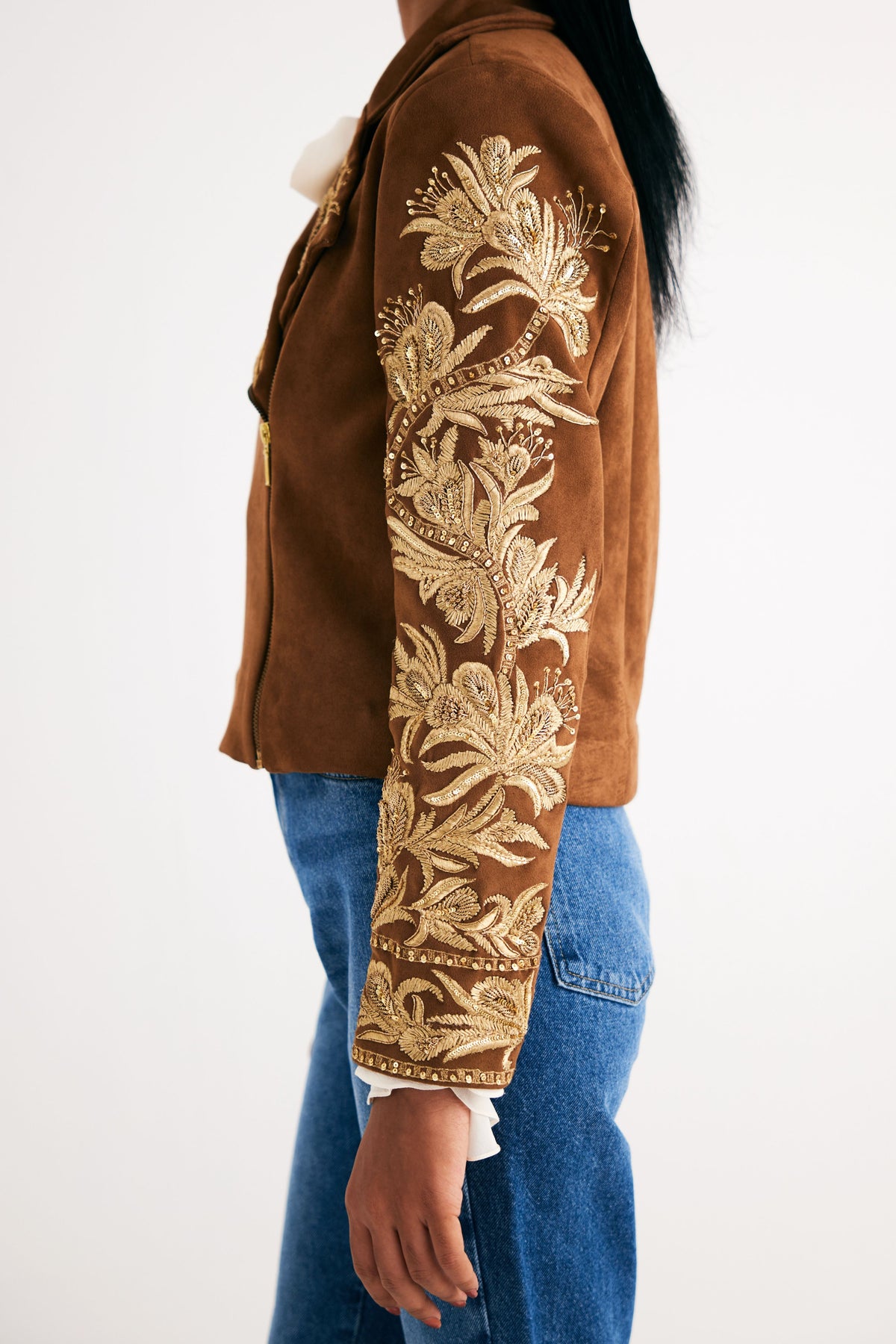 Brown Suede Embroidered Biker Jacket