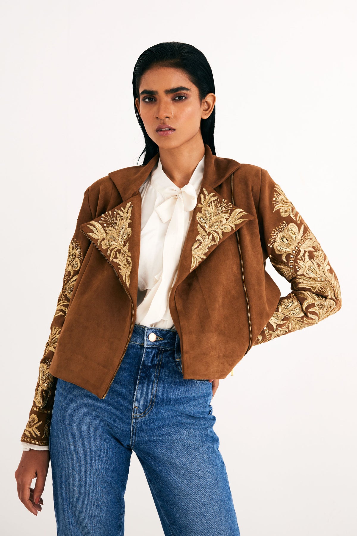Be True Brown Suede Embroidered Biker Jacket Elahe