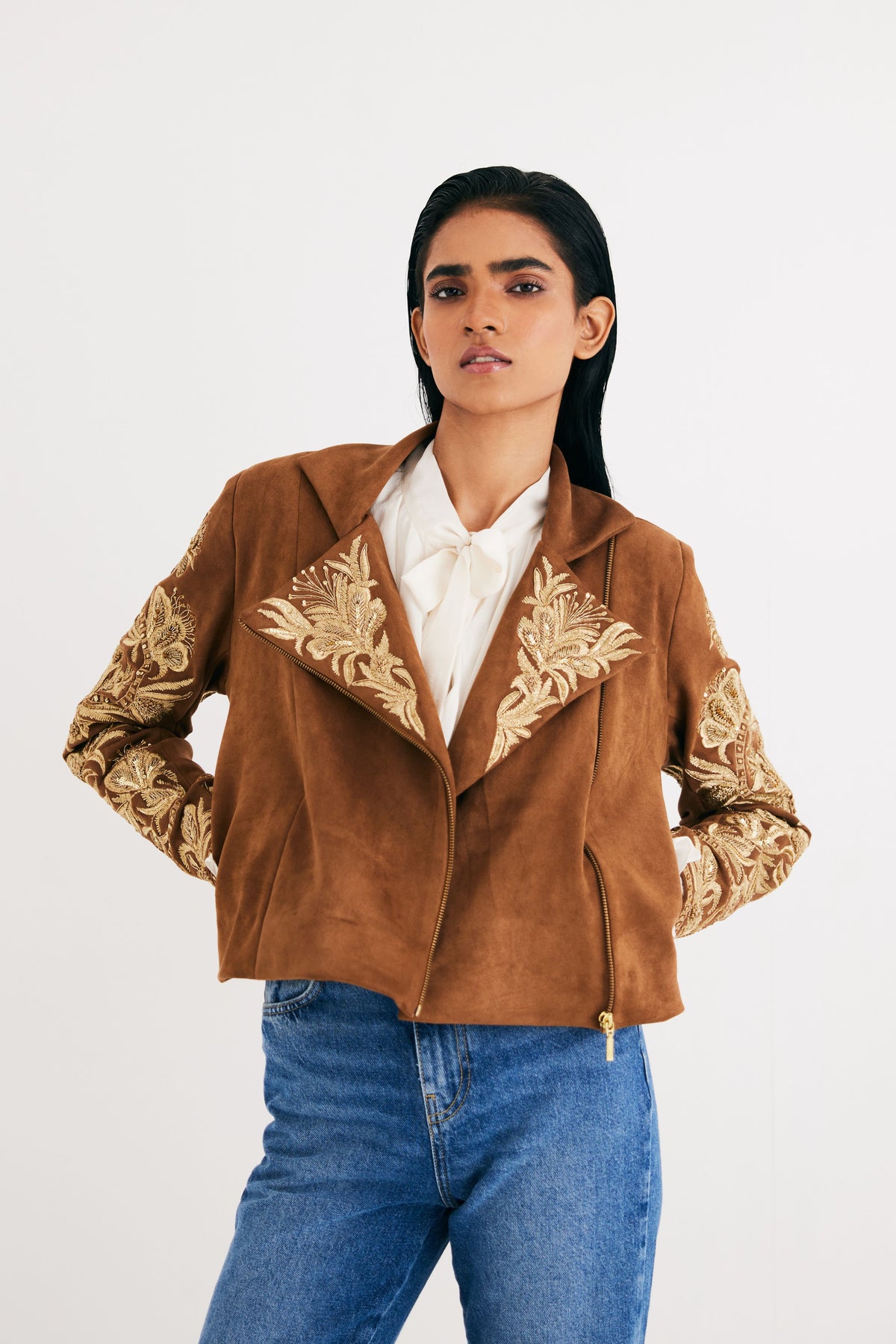 Brown Suede Embroidered Biker Jacket