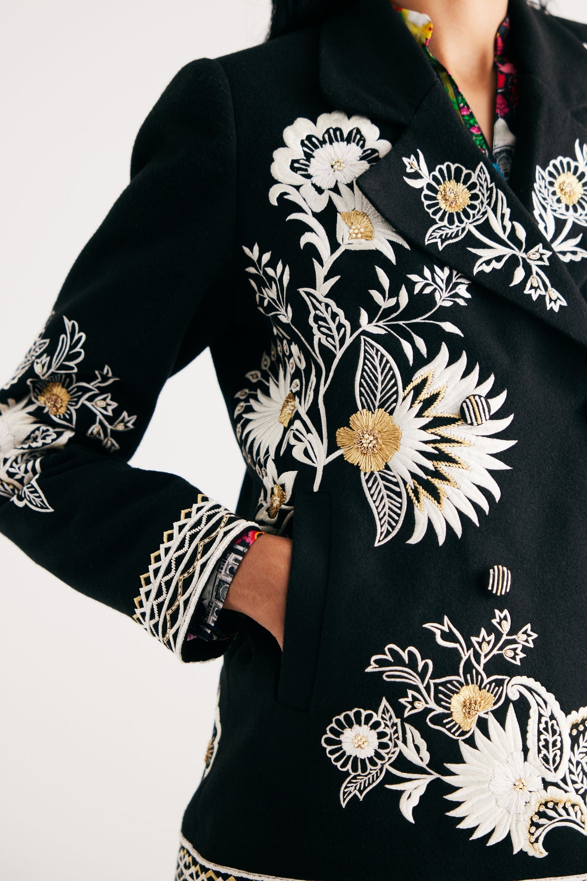 Black Embroidered Floral Wool Jacket