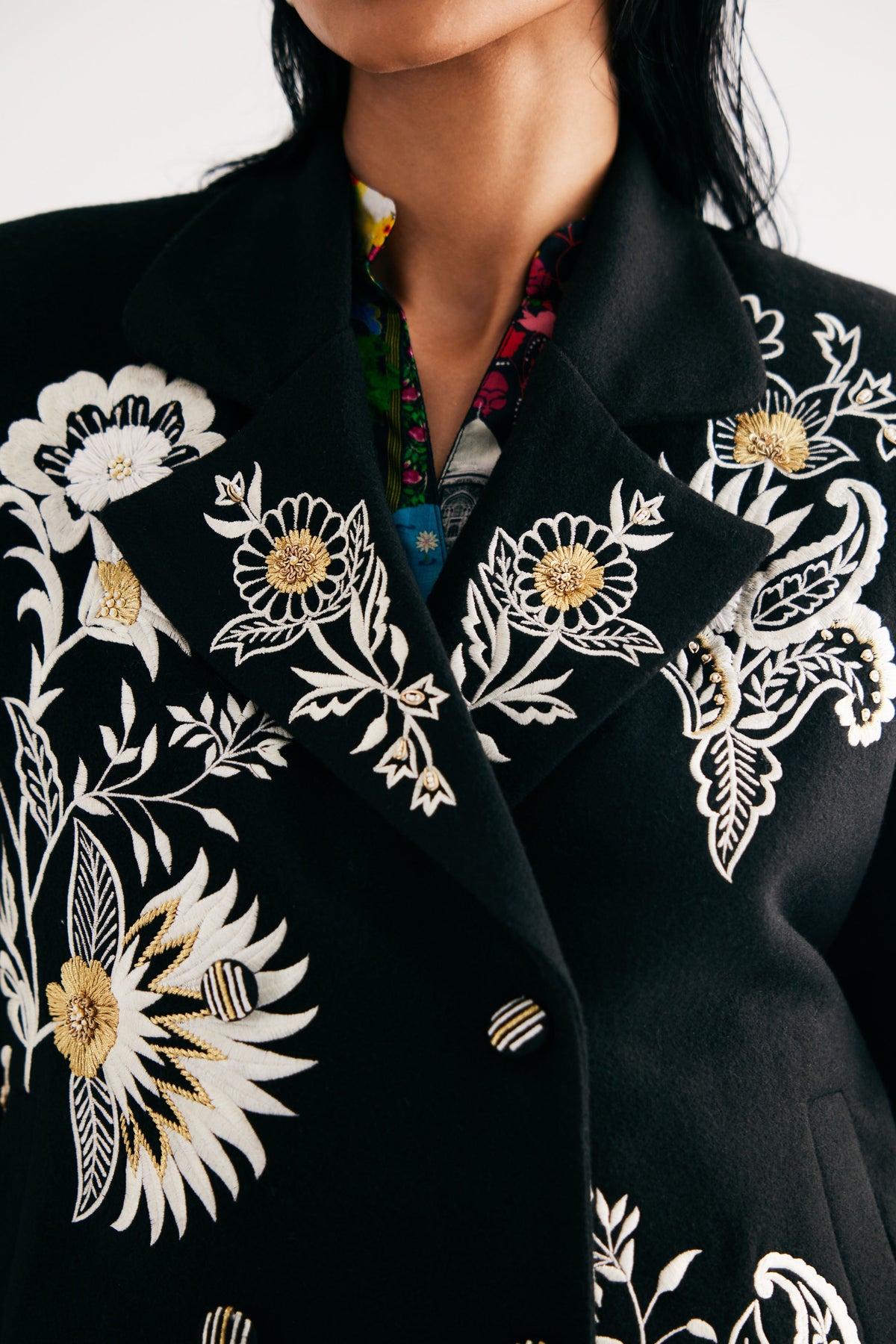 Black Embroidered Floral Wool Jacket