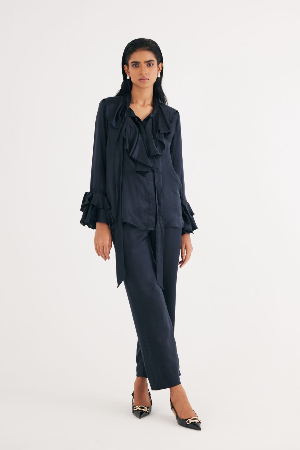 Black Satin Silk Ruffle Shirt