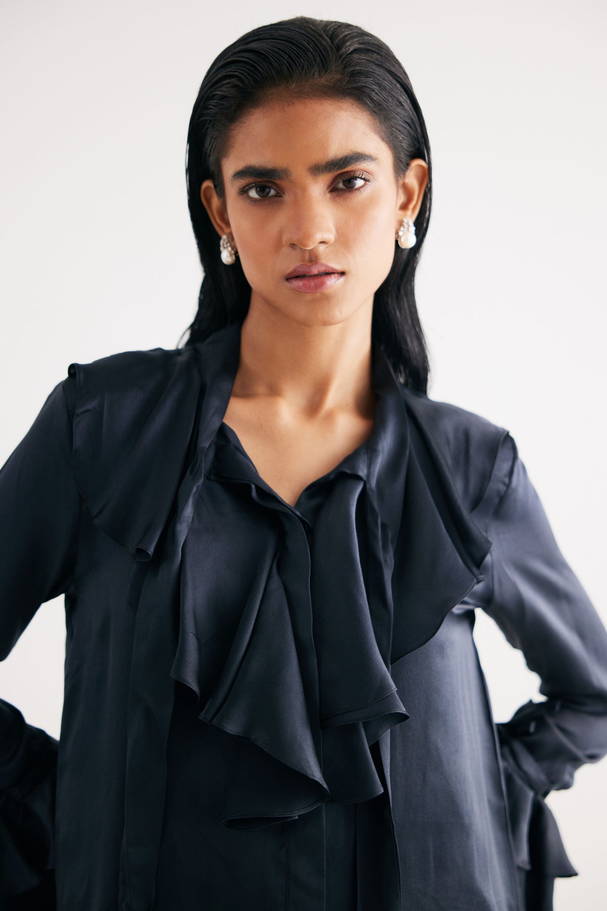 Black Satin Silk Ruffle Shirt