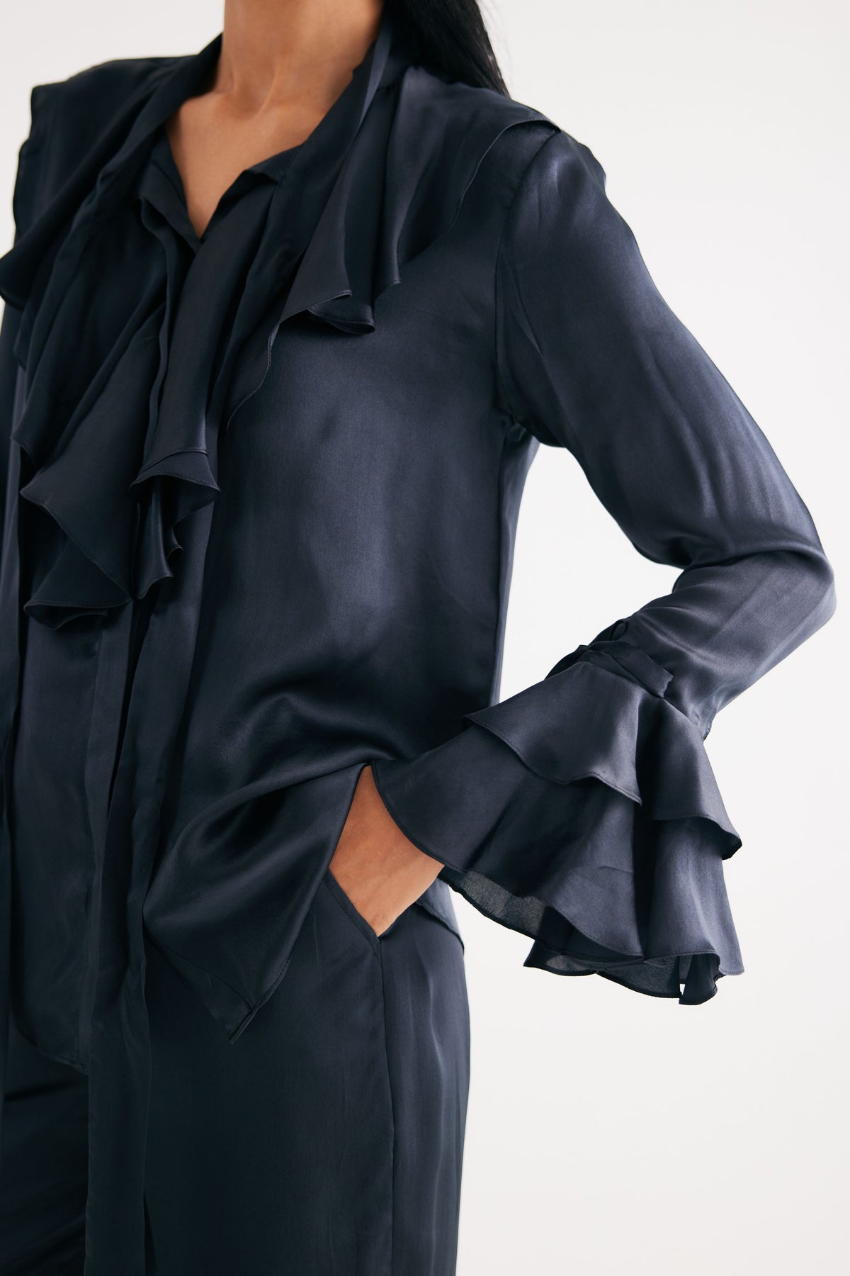 Black Satin Silk Ruffle Shirt