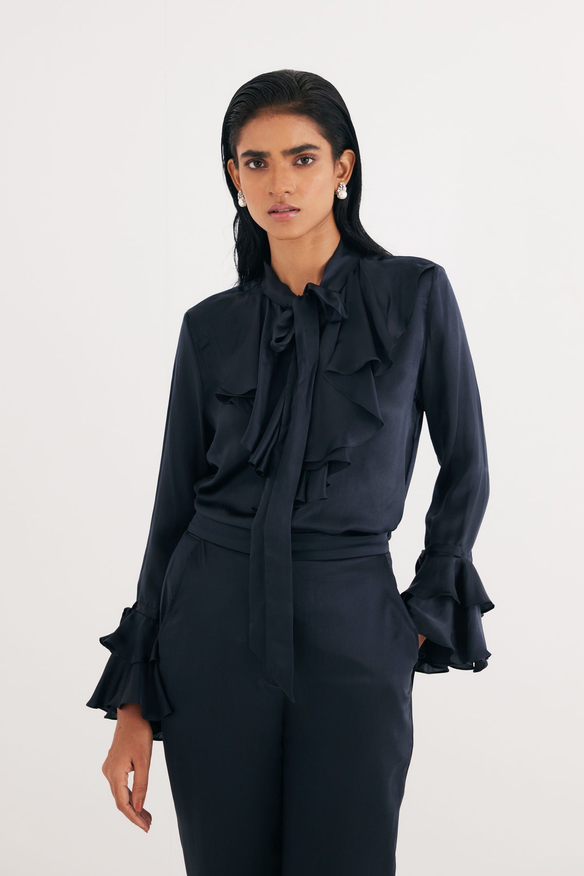 Black Satin Silk Ruffle Shirt