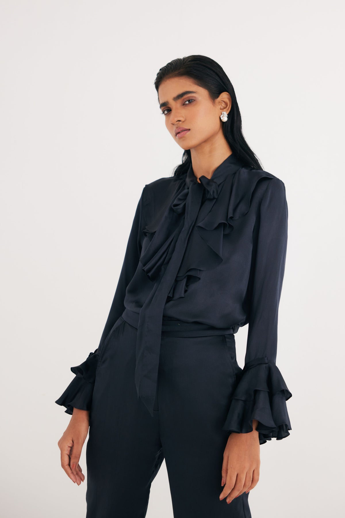 Black Satin Silk Ruffle Shirt