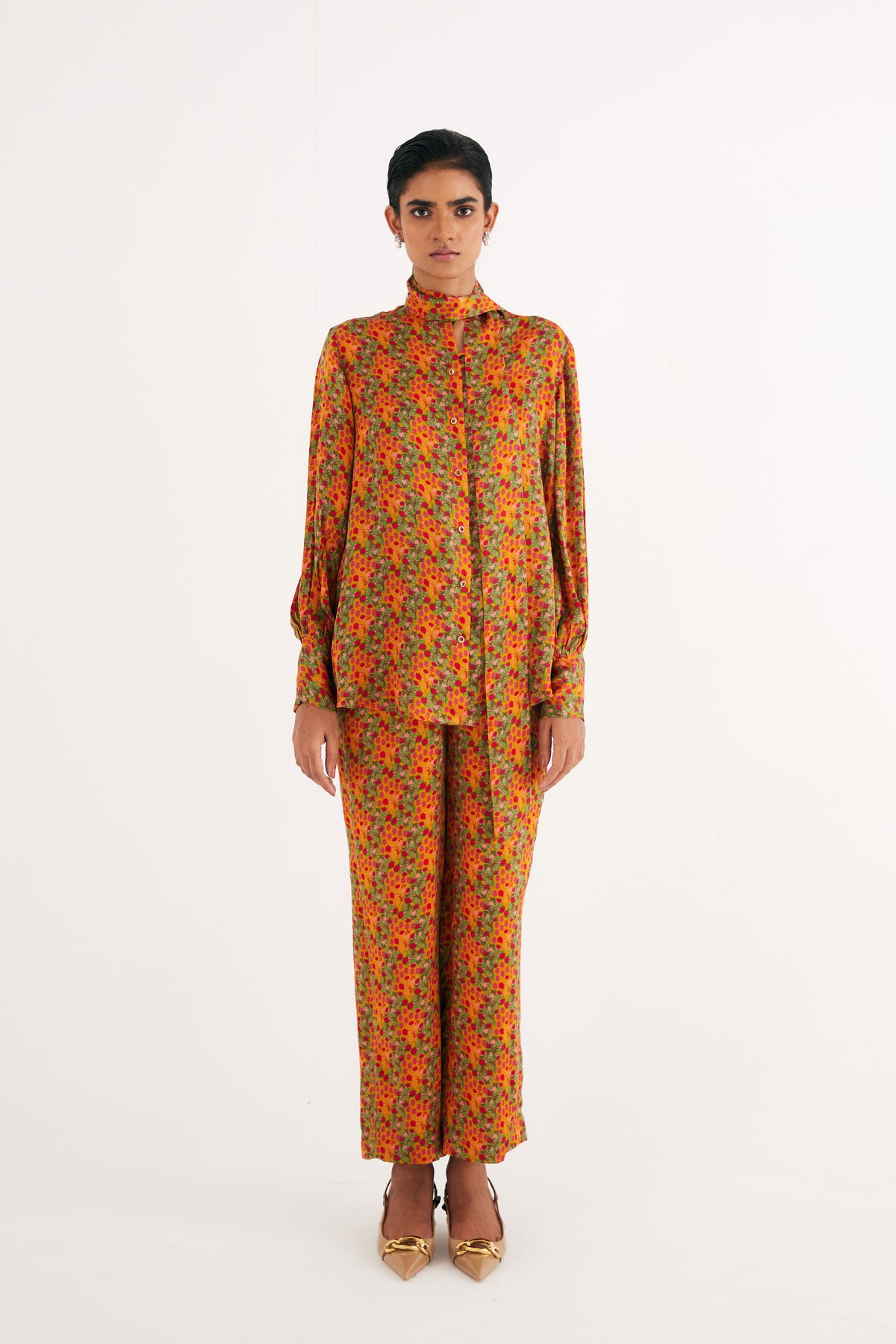 Indian Yellow Floral Print Straight Pants