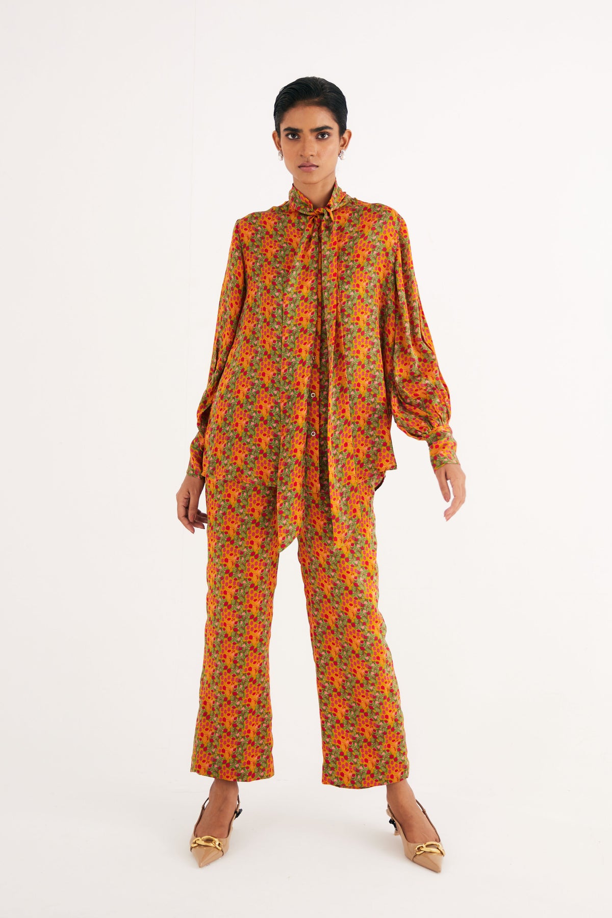 Indian Yellow Floral Print Straight Pants