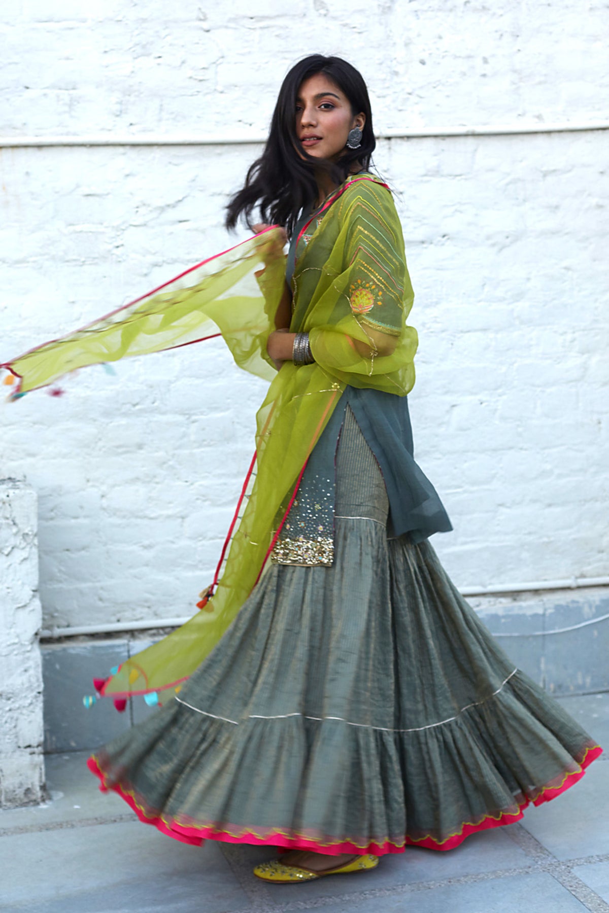 Firdaus Olive Green Gharara Set