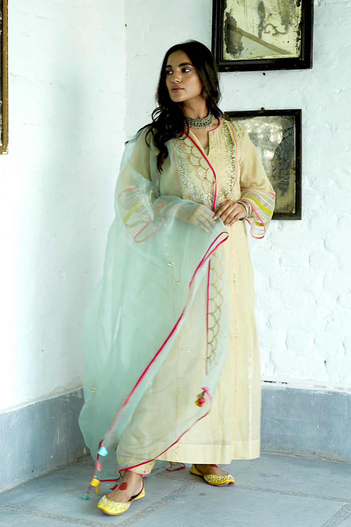 Firdaus Beige Sequence Yoke Kurtas