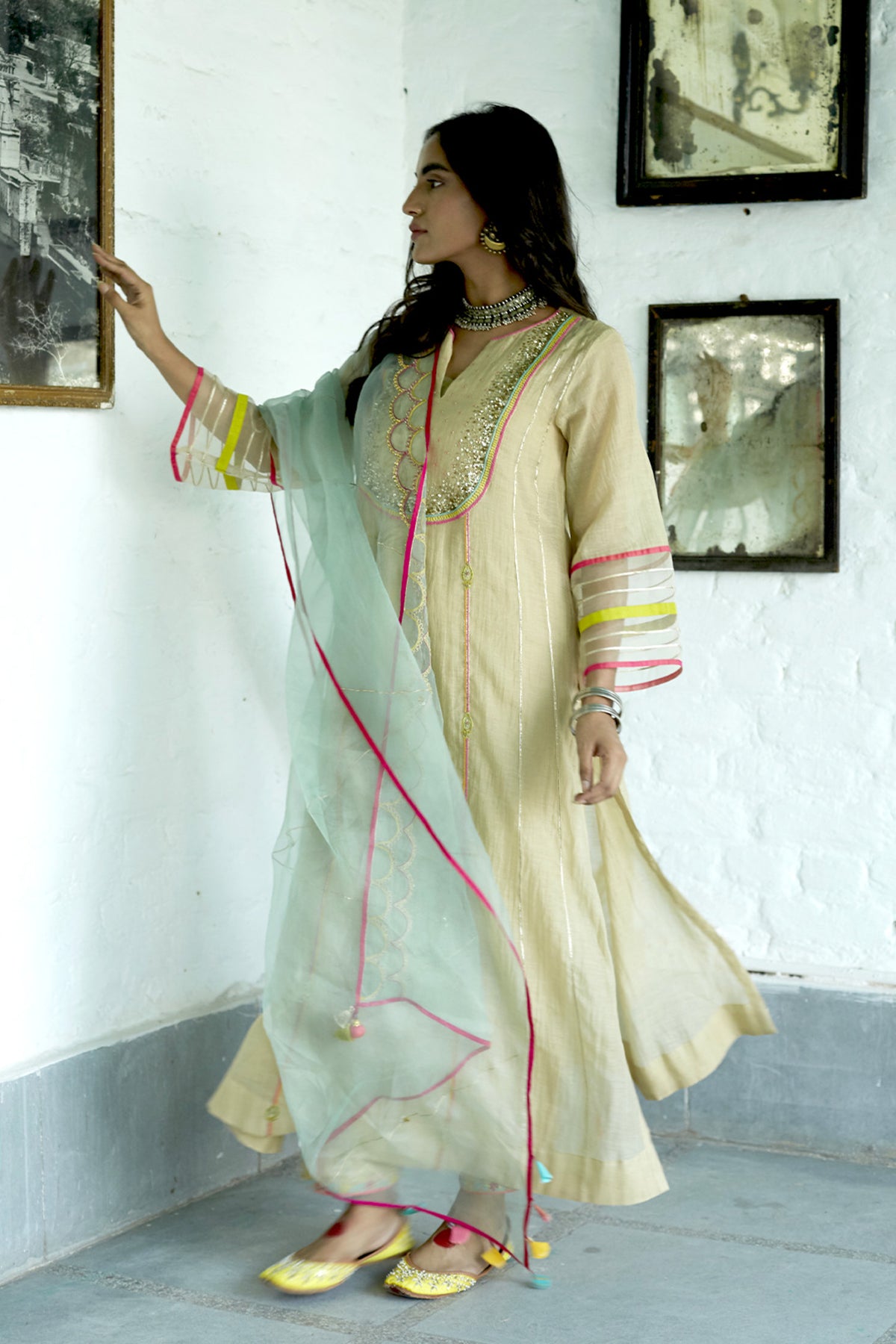 Firdaus Beige Sequence Yoke Kurtas