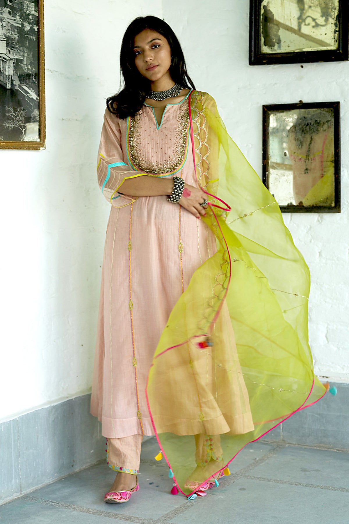 Firdaus Nude Pink Sequence Yoke Kurtas