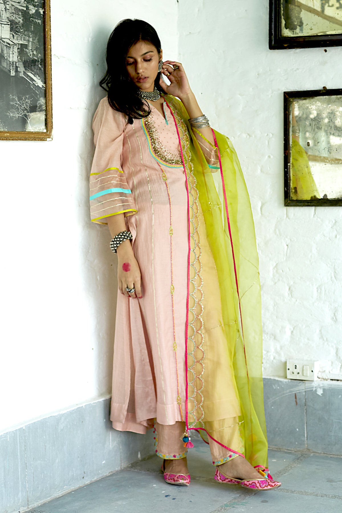 Firdaus Nude Pink Sequence Yoke Kurtas