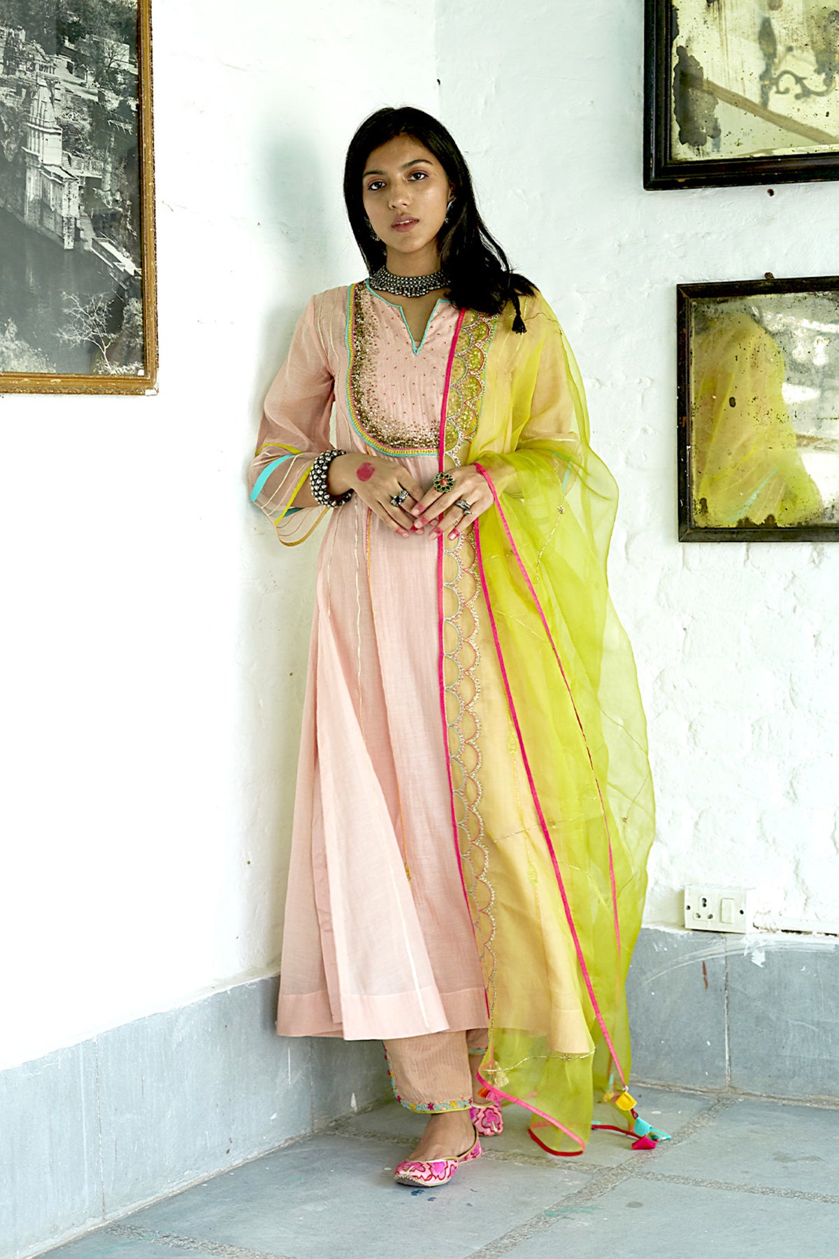 Firdaus Nude Pink Sequence Yoke Kurtas