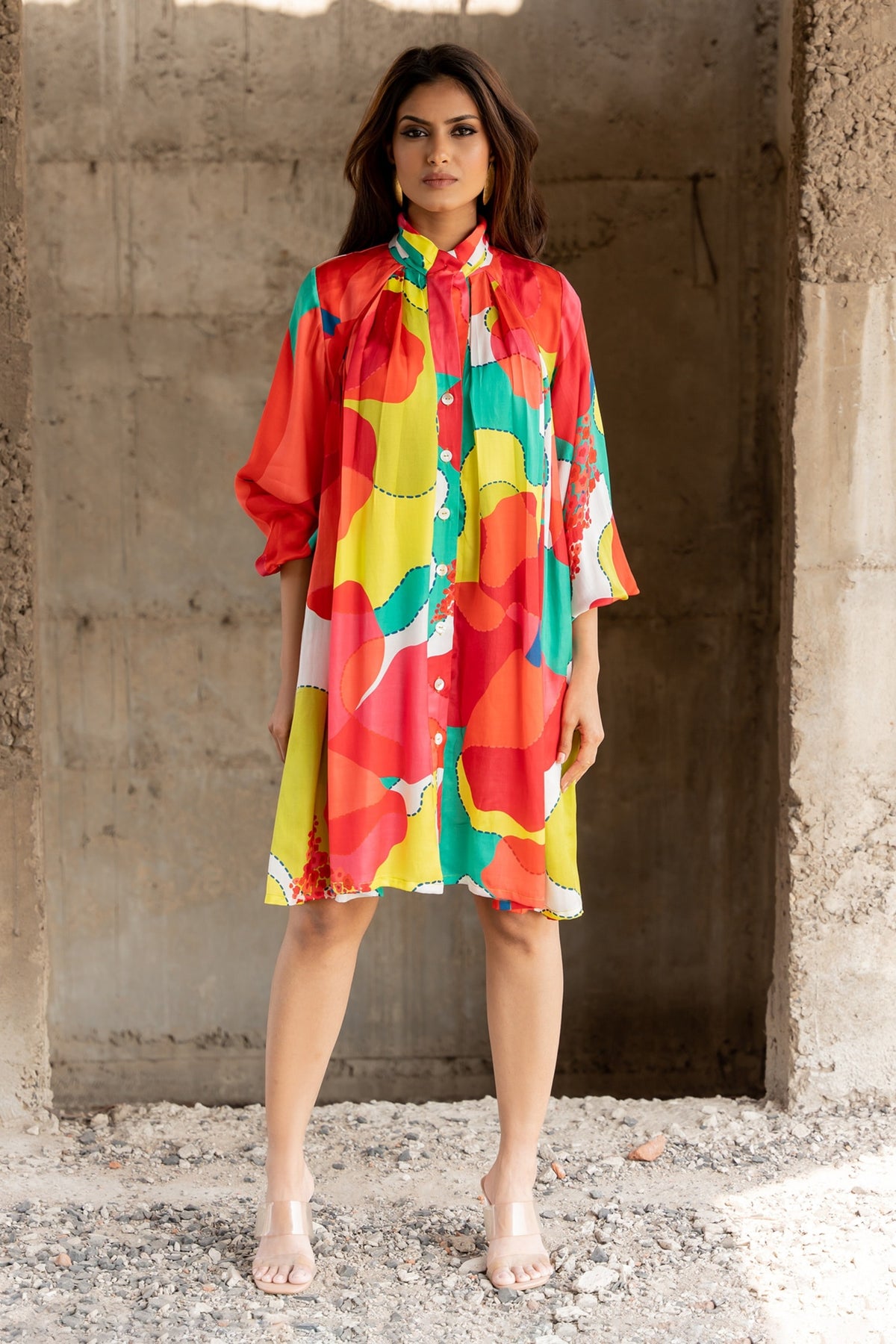 Colour Burst Stand Neck Dress