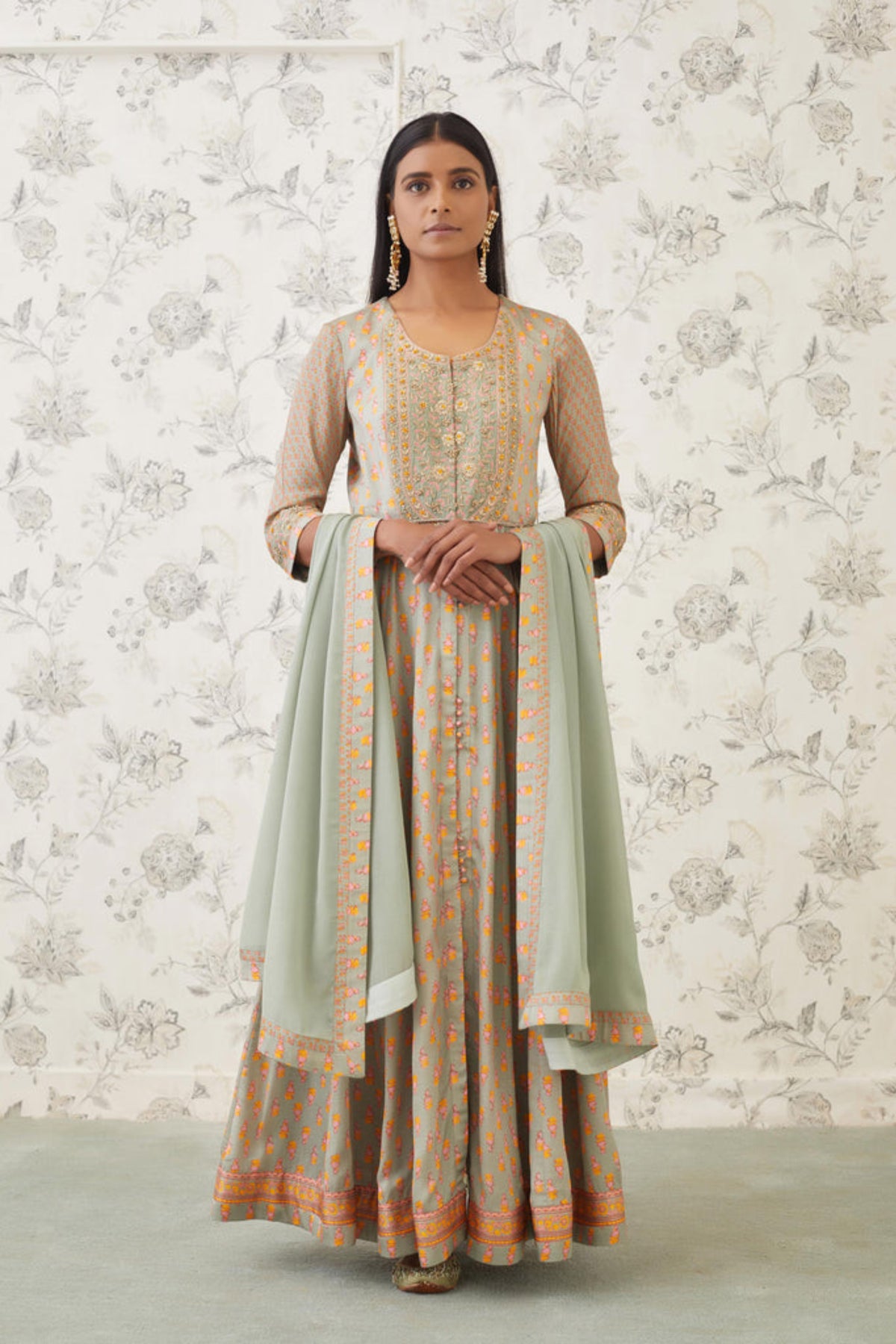 Light olive green zardozi anarkali set